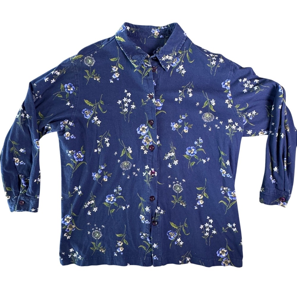 Capacity‎ Woman Navy Blue Floral Button Down Shirt 100% Cotton Plus Size 1X